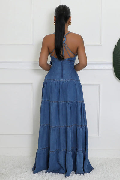 O STRING DESIGN BACK STRAP DENIM MAXI DRESS (DARK DENIM)