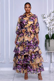 BUTTON-FRONT SHEER FLORAL OVERLAY TIERED RUFFLE MAXI DRESS