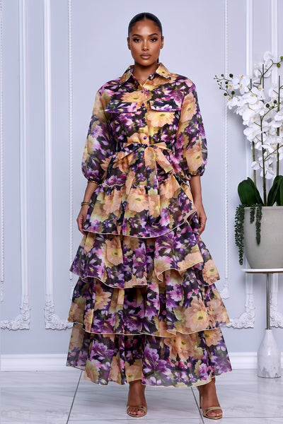 BUTTON-FRONT SHEER FLORAL OVERLAY TIERED RUFFLE MAXI DRESS