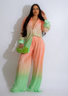 GRADIENT DESIGN PLEATED SHIRT BLOUSE & PANTS SET (PEACH/GREEN)