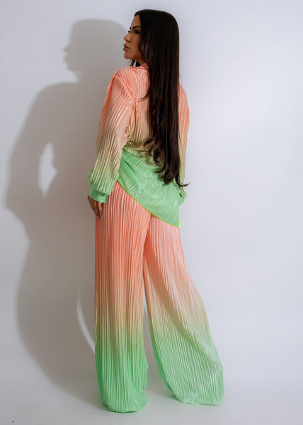 GRADIENT DESIGN PLEATED SHIRT BLOUSE & PANTS SET (PEACH/GREEN)