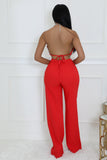 RHINESTONE HALTER FLOWER TOP AND WIDE LEG PANT SET (RED)