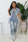 COLLAR BUTTON CLOSURE CARGO DENIM JUMPSUIT (DENIM)