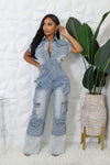 COLLAR BUTTON CLOSURE CARGO DENIM JUMPSUIT (DENIM)