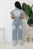 COLLAR BUTTON CLOSURE CARGO DENIM JUMPSUIT (DENIM)