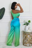 GOLD DETAIL CUTOUT TOP & HIGH WAIST PANTS SET (BLUE/GREEN)