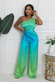 GOLD DETAIL CUTOUT TOP & HIGH WAIST PANTS SET (BLUE/GREEN)