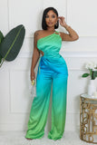 GOLD DETAIL CUTOUT TOP & HIGH WAIST PANTS SET (BLUE/GREEN)