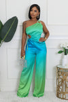 GOLD DETAIL CUTOUT TOP & HIGH WAIST PANTS SET (BLUE/GREEN)