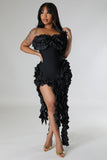 STRAPLESS RUFFLE ACCENT BANDAGE DRESS (BLACK)
