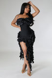 STRAPLESS RUFFLE ACCENT BANDAGE DRESS (BLACK)