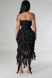 STRAPLESS RUFFLE ACCENT BANDAGE DRESS (BLACK)