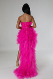 SWEETHEART NECKLINE TULLE LAYERS MESH DRESS  (MAGENTA)