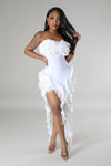 STRAPLESS RUFFLE ACCENT BANDAGE DRESS (WHITE)