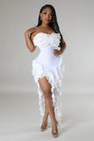 STRAPLESS RUFFLE ACCENT BANDAGE DRESS (WHITE)