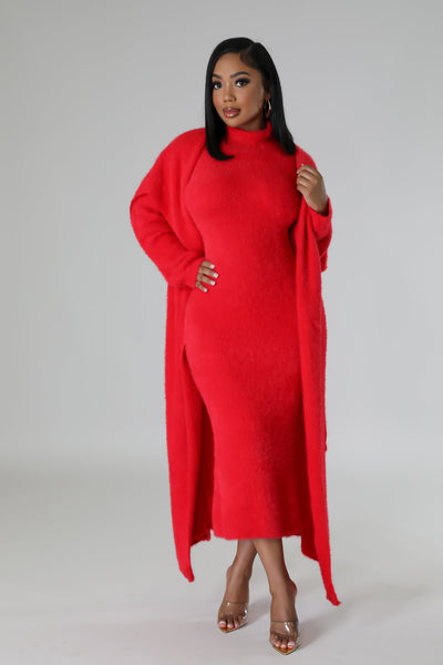 SKIM TWO PIECES CARDIGAN DRESS SET  (RED)