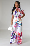 FLORAL PRINT BUTTON DOWN NECK TIE TOP AND PANTS SET (WHITE MULTI)