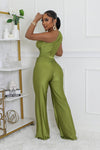 ONE SHOULDER SELTIE BELT RUCHED JUMPSUIT (MOSS GREEN)