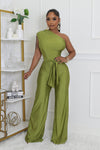 ONE SHOULDER SELTIE BELT RUCHED JUMPSUIT (MOSS GREEN)