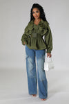 LONG SLEEVE RUFFLE FRONT PEPLUM BLOUSE WITH BELT (OLIVE)