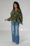 LONG SLEEVE RUFFLE FRONT PEPLUM BLOUSE WITH BELT (OLIVE)