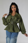 LONG SLEEVE RUFFLE FRONT PEPLUM BLOUSE WITH BELT (OLIVE)