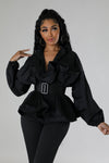 LONG SLEEVE RUFFLE FRONT PEPLUM BLOUSE WITH BELT (BLACK)