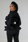 LONG SLEEVE RUFFLE FRONT PEPLUM BLOUSE WITH BELT (BLACK)