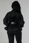 LONG SLEEVE RUFFLE FRONT PEPLUM BLOUSE WITH BELT (BLACK)