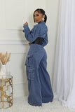 FAUX LEATHER CORSET DENIM CARGO JUMPSUIT