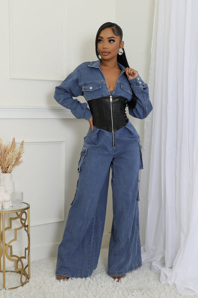 FAUX LEATHER CORSET DENIM CARGO JUMPSUIT