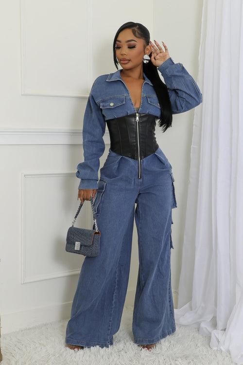 FAUX LEATHER CORSET DENIM CARGO JUMPSUIT