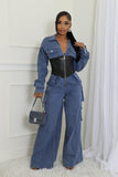 FAUX LEATHER CORSET DENIM CARGO JUMPSUIT