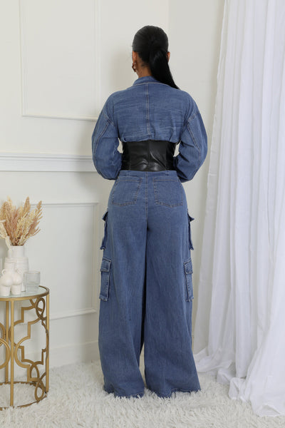 FAUX LEATHER CORSET DENIM CARGO JUMPSUIT