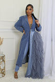 WATERFALL RUFFLE DENIM BLAZER-DRESS (DENIM BLUE)