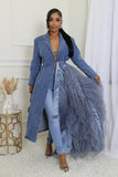 WATERFALL RUFFLE DENIM BLAZER-DRESS (DENIM BLUE)