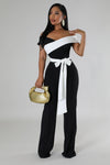 OFF THE SHOULDER SELF-TIE COLOR-BLOCK WIDE LEG JUMPSUIT (BLACK/WHITE)