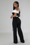 OFF THE SHOULDER SELF-TIE COLOR-BLOCK WIDE LEG JUMPSUIT (BLACK/WHITE)