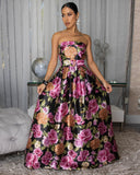 TUBE FLORAL PRINT SILKY BELTED MAXI DRESS (BLACK/FUCHSIA)