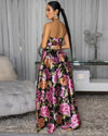 TUBE FLORAL PRINT SILKY BELTED MAXI DRESS (BLACK/FUCHSIA)