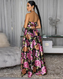 TUBE FLORAL PRINT SILKY BELTED MAXI DRESS (BLACK/FUCHSIA)