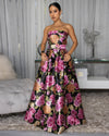 TUBE FLORAL PRINT SILKY BELTED MAXI DRESS (BLACK/FUCHSIA)