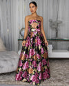 TUBE FLORAL PRINT SILKY BELTED MAXI DRESS (BLACK/FUCHSIA)