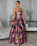 TUBE FLORAL PRINT SILKY BELTED MAXI DRESS (BLACK/FUCHSIA)