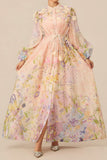 3D FLORAL PRINT TIE WAIST PUFF SLEEVES MAXI DRESS