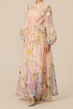3D FLORAL PRINT TIE WAIST PUFF SLEEVES MAXI DRESS