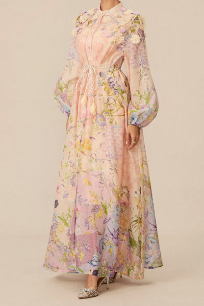 3D FLORAL PRINT TIE WAIST PUFF SLEEVES MAXI DRESS