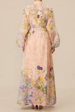 3D FLORAL PRINT TIE WAIST PUFF SLEEVES MAXI DRESS