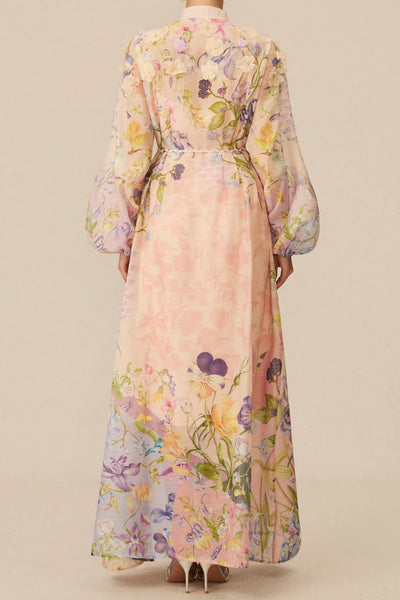 3D FLORAL PRINT TIE WAIST PUFF SLEEVES MAXI DRESS
