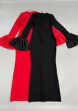 RHINESTONE COLLAR BELL SLEEVES BANDAGE MAXI DRESS (RED)